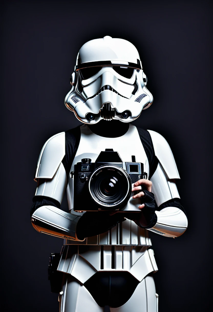 2D image, stormtrooper holding a photo camera, frontal view, full posture, solid black background