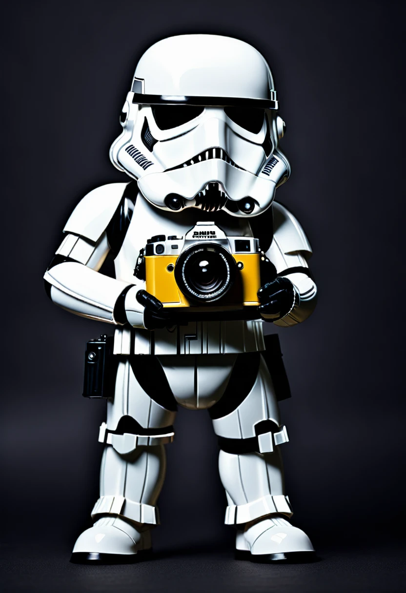 2D image, stormtrooper holding a photo camera, frontal view, full posture, solid black background
