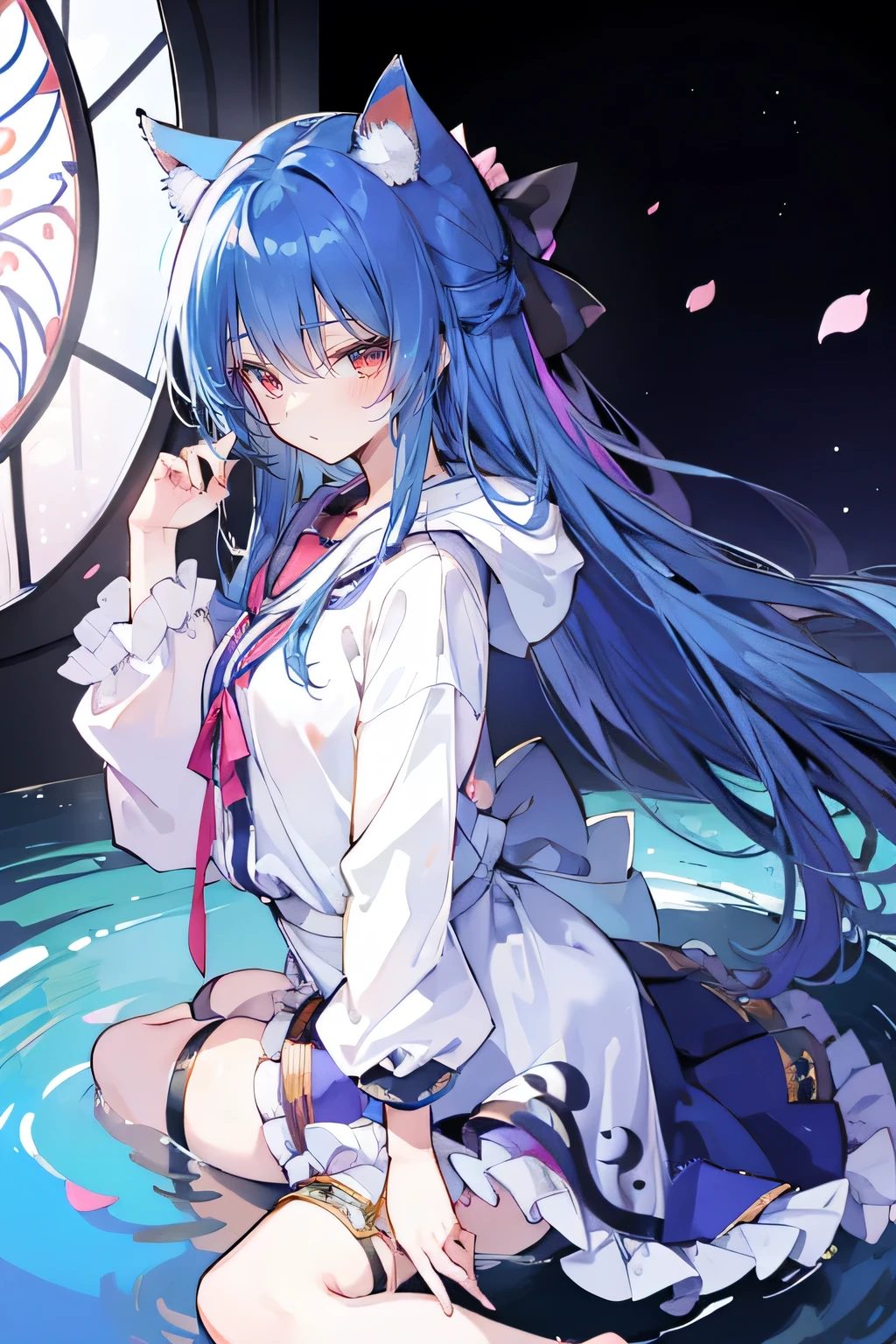 (masterpiece:1.2),Super detailed,lifelike,Expressive eyes,fair skin,perfect face shape,1 girl,
Japanese comics,Gorgeous blue hair,flowing blue hair,flowing clothes,Cat ears,Petals fall,beautiful lola,Baby Angel,
Shaking head with one hand,Cross your legs,Gentle and peaceful background,The pavilion is cool and comfortable,smile, wearing hoodie, background of tokyo,back views, winter,lie on the water。
