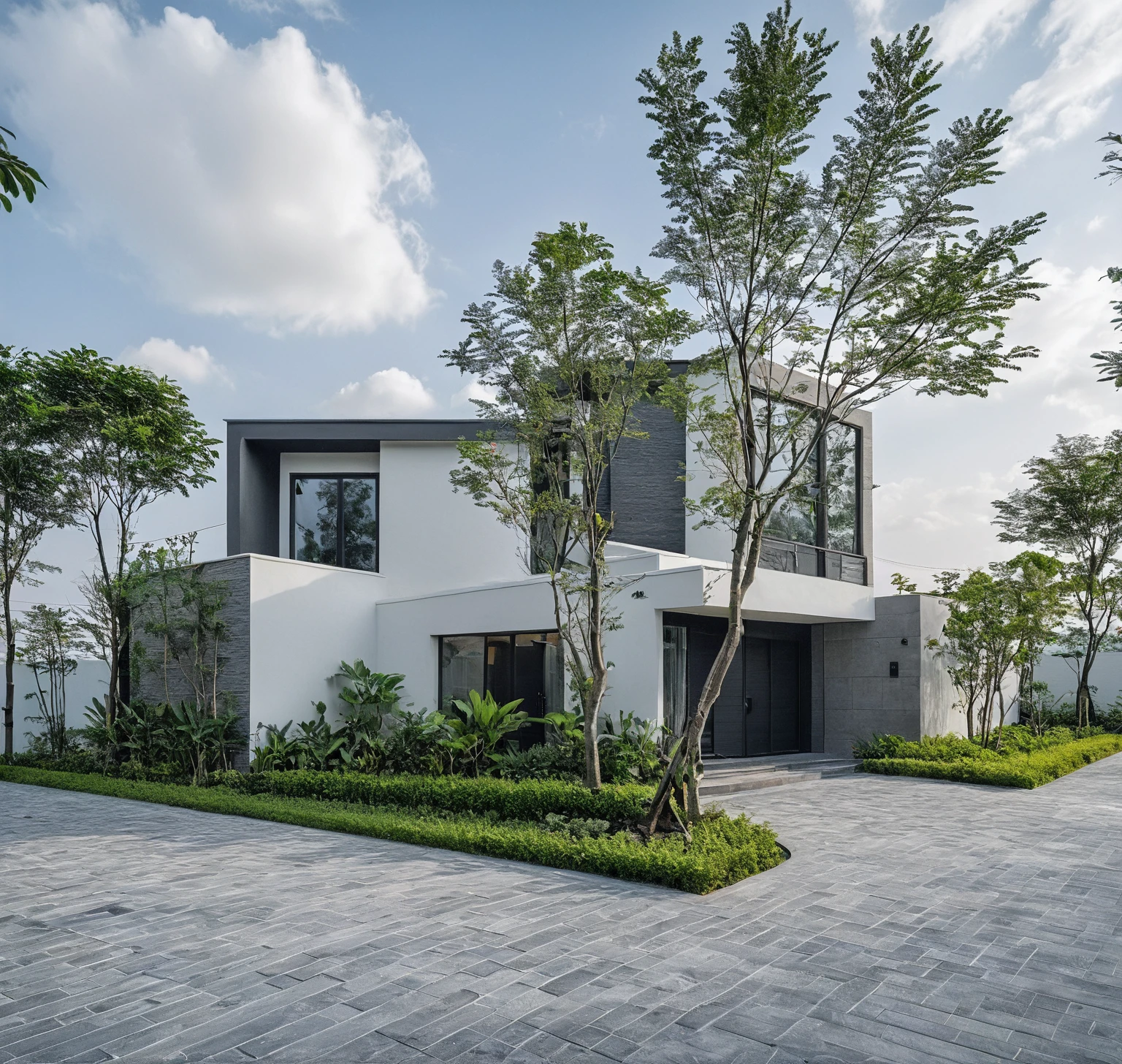 Raw photo, masterpiece, high quality, best quality, realistic, super detailed, outdoor, 2-storey house, modern townhouse style, (white wall), curved wall facade, aluminum interior door glass, curved planter, gray tiled accent wall, gray iron box exterior gate, road, sidewalk, grass, trees, sky, clouds, (daylight):1.1)