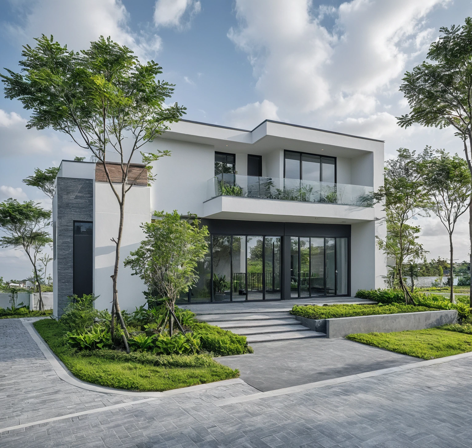 Raw photo, masterpiece, high quality, best quality, realistic, super detailed, outdoor, 2-storey house, modern townhouse style, (white wall), curved wall facade, aluminum interior door glass, curved planter, gray tiled accent wall, gray iron box exterior gate, road, sidewalk, grass, trees, sky, clouds, (daylight):1.1)