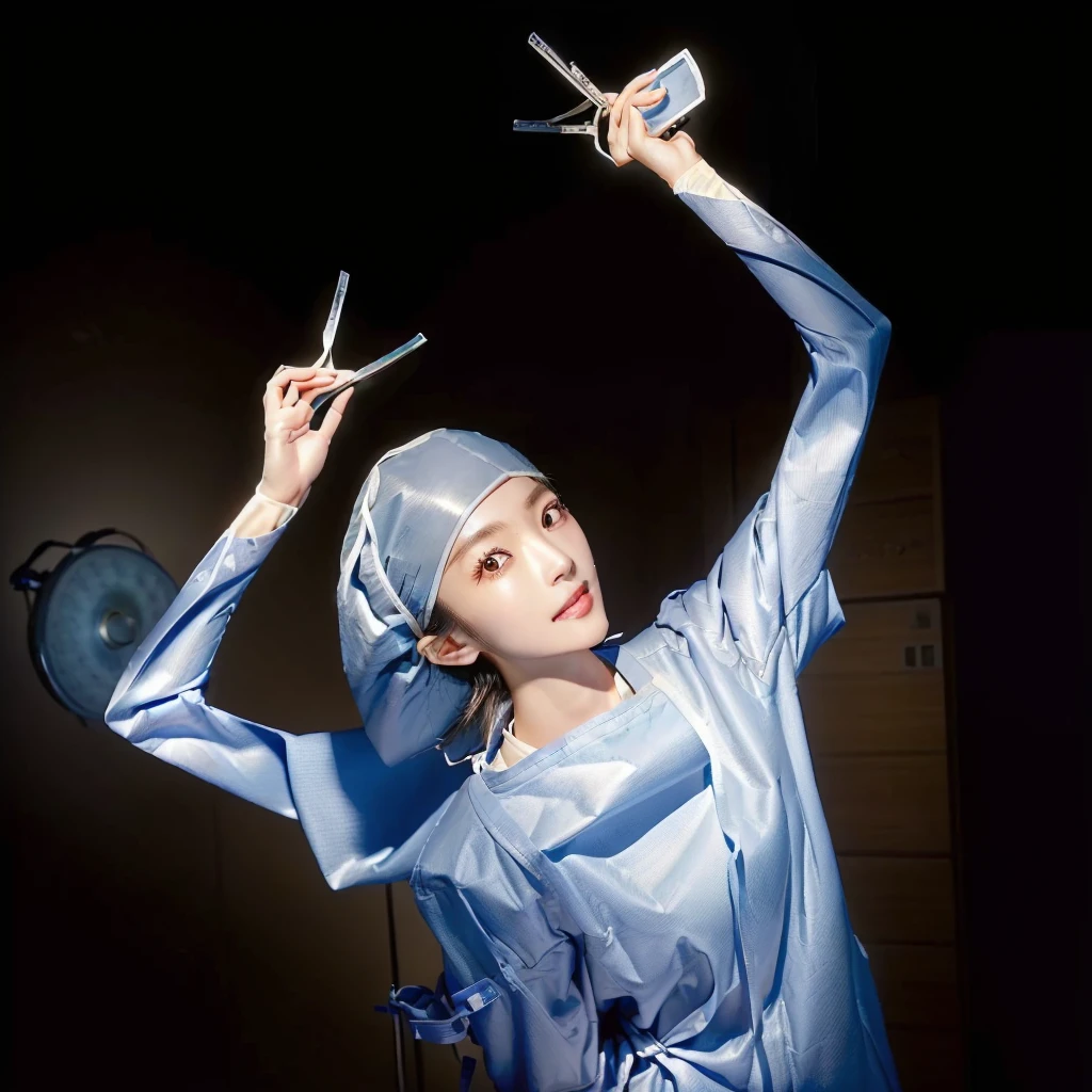 (cowboy shot:1.2), smiling elegant slim asian woman, Japanese, wearing surgical_mask_open, completely_undone, (((surgical outfit))), black hair, (double V), (modern surgery room), photo, 1girl, ultra high res, realistic photorealistic, ultra-detailed, finely detailed, high resolution, perfect dynamic composition, (perfect eyes), (detailed eyes), solid circle eyes, sparkling eyes, (clean eyes), anatomically correct, super detail, textured skin, extremely detailed face and eyes, detailed facial features, ((perfect face)), wide hips