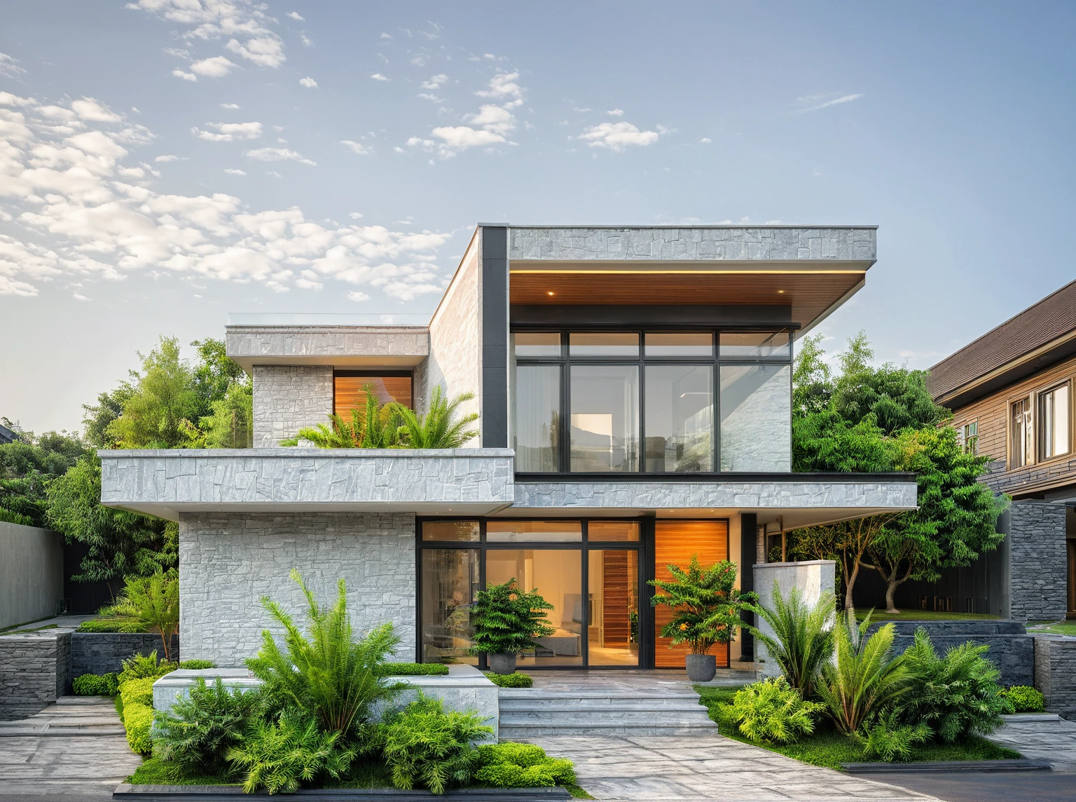 modern villa on street, (daylight), tropical tree, shrub and plants, vivid color, streetcapes, modern and minimalist design, rough stone wall accent, brigth grey tone, large glass door, warm interior lighting, modern material, best quality, ultra realistic, masterpiece, 17ArchiAI_XL_VL-v1