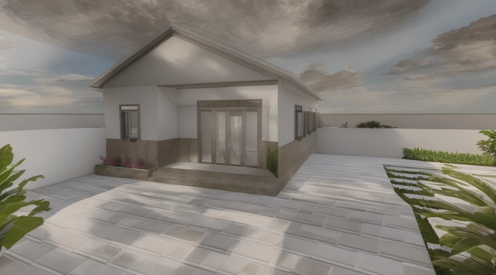 daylight, beautiful sky, soft lighting, high quality, best quality, authentic,detail, townhouse, tile wall, glass windows, ceiling, gate, fence, tropical trees, nice landscape,