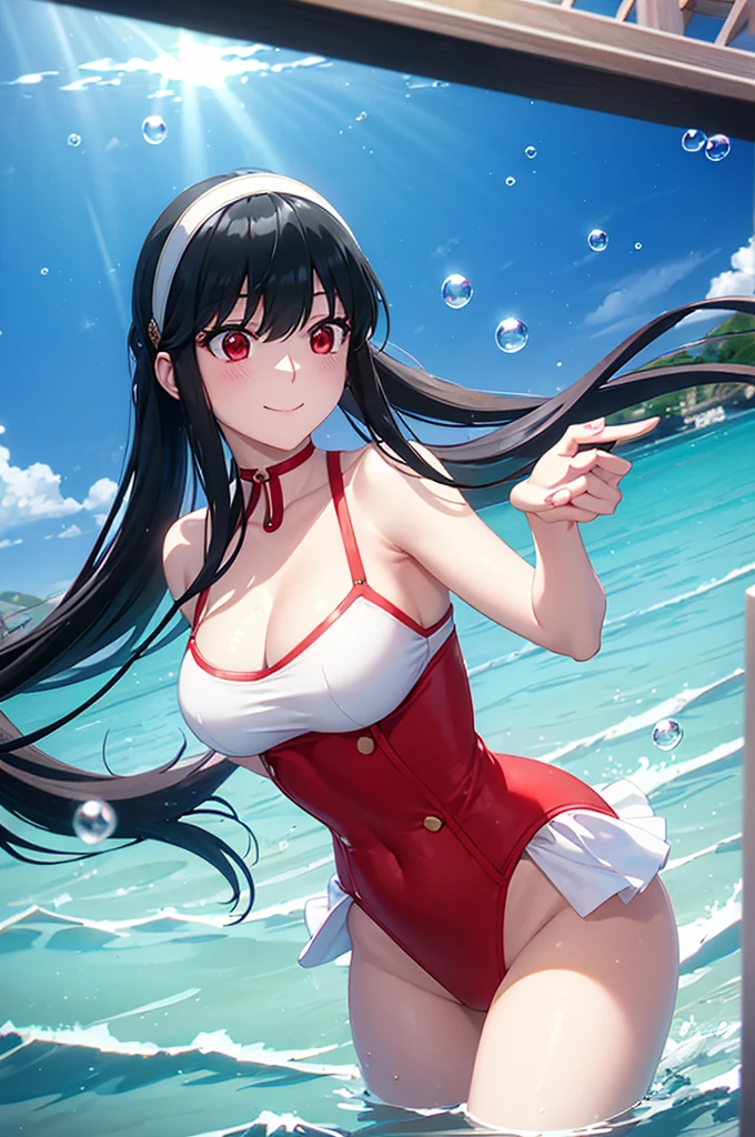 ((best quality)), (ultra-detailed), ((extremely detailed)), (beautiful), ((kawaii girl)), (black:1.3) hair, red (colored inner hair:1.2), long hair, straight hair, swept bangs, asymmetrical bangs, hair intakes, ahoge, kind smile, red eyes, medium large breasts, BREAK, 比基尼, beautiful scenery, underwater, water drop, dynamic lighting, light particle, sunlight, shadow, (air bubble:1.2), reflection, extremely detailed CG unity 8k wallpaper,White hair band、Red eyes、Black Hair、Yor Briar、smile、Bubble、Floating、流れるBubble、dive、One girl、Swimwear、 the sea、undersea