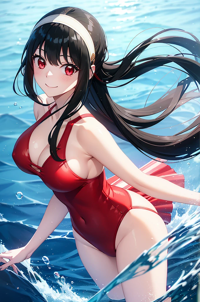 ((best quality)), (ultra-detailed), ((extremely detailed)), (beautiful), ((kawaii girl)), (black:1.3) hair, red (colored inner hair:1.2), long hair, straight hair, swept bangs, asymmetrical bangs, hair intakes, ahoge, kind smile, red eyes, medium large breasts, BREAK, 比基尼, beautiful scenery, underwater, water drop, dynamic lighting, light particle, sunlight, shadow, (air bubble:1.2), reflection, extremely detailed CG unity 8k wallpaper,White hair band、Red eyes、Black Hair、Yor Briar、smile、Bubble、Floating、流れるBubble、dive、One girl、Swimwear、 the sea、undersea