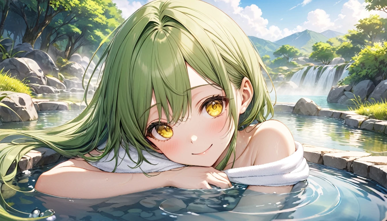 Depth panoramic, (relax bathing style) (solo:2, 15 yo green long hair cute girl, cute yellow eyes, love smile, medium tits, head is wrapped in a towel), break, (in the very large natural detailed hot spring, background nature), BREAK, perfect anatomy, masterpiece, best quality, 16k, beautiful detailed hot, daydreaming expression.