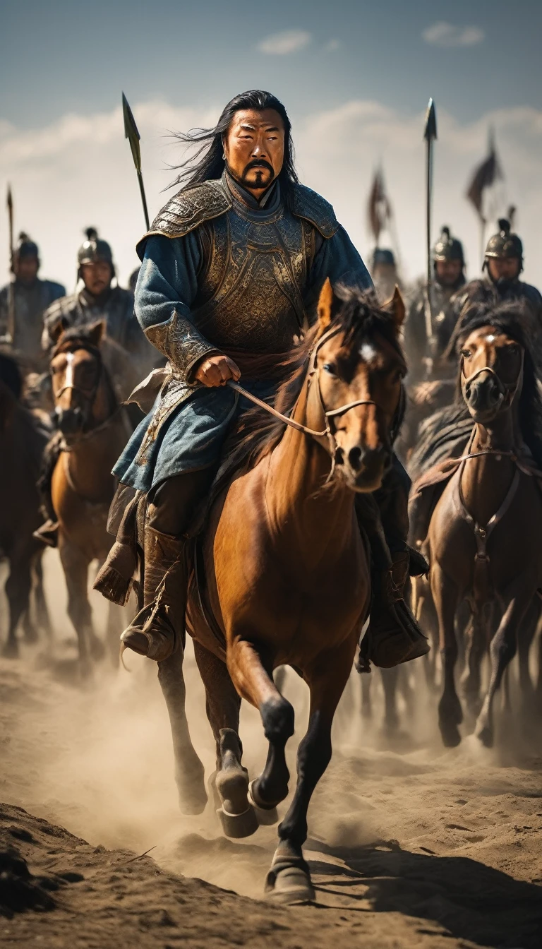 Genghis Khan leading his army across the vast steppes, a determined look on his face, background dark gold, hyper realistic, ultra detailed hyper realistic, photorealistic, Studio Lighting, reflections, dynamic pose, Cinematic, Color Grading, Photography, Shot on 50mm lens, Ultra-Wide Angle, Depth of Field, hyper-detailed, beautifully color, 8k