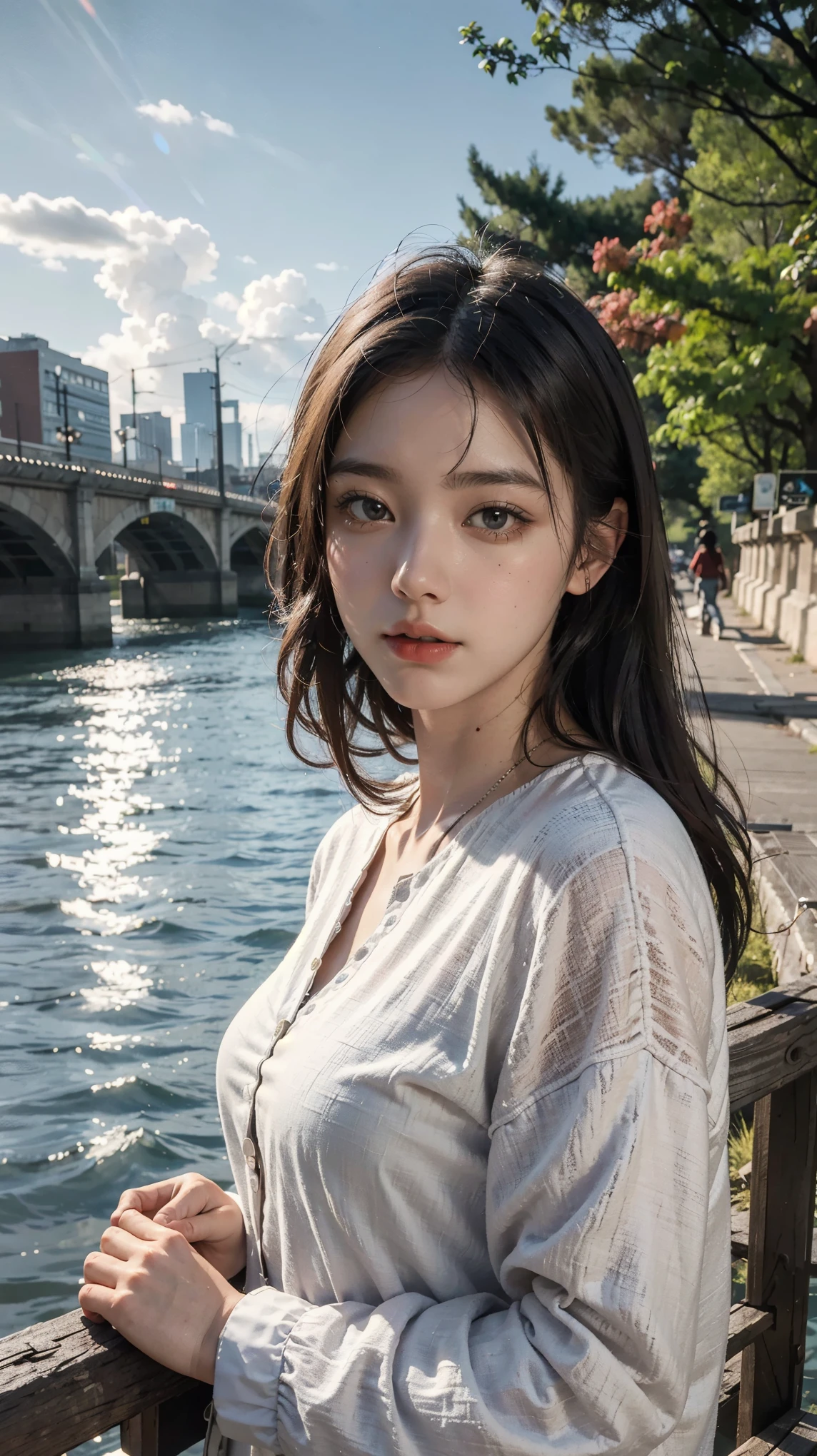 best quality, masterpiece, photo realistic, intricate details, raw photo, photon rendering, octane render, absurdres, ultra detailed, detailed face, detailed skin, trending on artstation,8k masterpiece,cinematic lighting, scenery, scenery, no humans, cityscape, sky, city, cloud, outdoors, building, sunset, city lights, bridge, river, tree, roadn, artist name,