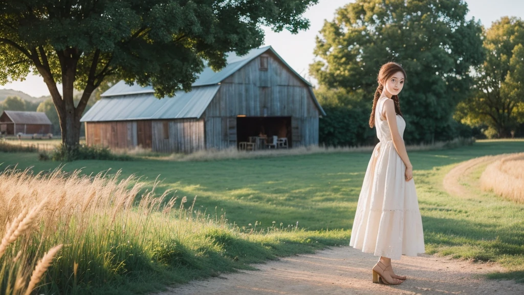 1 Girl, 20 years old, Tall, Wear a cute country dress, Hair braiding, Standing in a rustic farm setting. She has a soft, gentle smile and expressive eyes. A charming barn in the background, Golden wheat fields and clear blue sky. The composition should be bathed in warm golden hour light, Soft depth of field and soft bokeh,Highlight the idyllic tranquility. Capture images,Just like shooting with old 35mm film,Add charm, ,