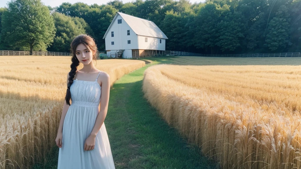 1 Girl, 20 years old, Tall, Wear a cute country dress, Hair braiding, Standing in a rustic farm setting. She has a soft, gentle smile and expressive eyes. A charming barn in the background, Golden wheat fields and clear blue sky. The composition should be bathed in warm golden hour light, Soft depth of field and soft bokeh,Highlight the idyllic tranquility. Capture images,Just like shooting with old 35mm film,Add charm, ,
