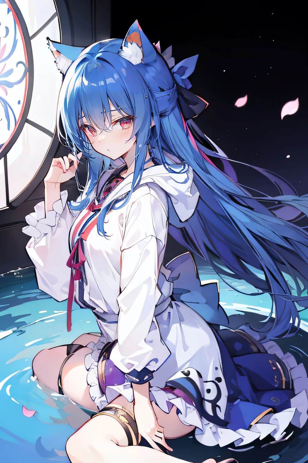 (masterpiece:1.2),Super detailed,lifelike,Expressive eyes,fair skin,perfect face shape,1 girl,
Japanese comics,Gorgeous blue hair,flowing blue hair,flowing clothes,Cat ears,Petals fall,beautiful lola,Baby Angel,
Shaking head with one hand,Cross your legs,Gentle and peaceful background,The pavilion is cool and comfortable,smile, wearing hoodie, background of tokyo,back views, winter,lie on the water。