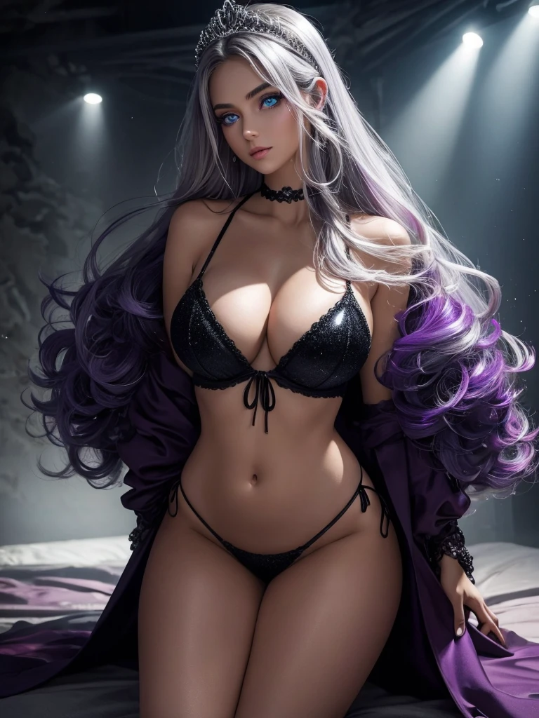In a dimly lit beach with soft, warm lighting, a stunning young busty woman with tiara sits on the sand, her long curly silver hair glistening in the glow. She wears a sparkling black side-tie bikini with sexy cleavage that seems to shimmer and shine like bioluminescent paint, matching the radiant violet hue of her eyes. Her expression is sultry, with mesmerizing eye contact that draws the viewer in. Her big breasts are perfectly rounded, with a large sag that adds to their allure. As she kneels forward, her legs spread invitingly, showcasing her confidence and sex appeal. The watercolor-inspired hues on her skin blend seamlessly, creating a photorealistic effect that's almost too beautiful to be real. (Detailed eyes,Long eyelashes,Bright and colorful iris,Expressive eyebrows,Blend eyeshadow perfectly,Eyes sparkle,Reflective eyeballs, Heterochromia)
