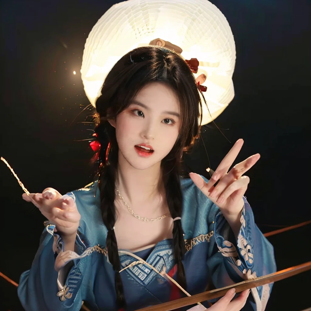 Realistic、Photorealistic、最佳quality、masterpiece、超high resolution、Fine and meticulous、quality、Realistic灯光、Delicate skin、Intricate details、original photo、absurd、high resolution、Ultra Detailed、BREAK、1girl、Close-up of the bust,Hands up,Zombie action,Liu Yifei's face,solo、Looking at the audience、、poster、portrait、Detailed background、Detailed face、Long hair、(Double braid、White hair、jump、zombie pose、Paw pose、open mouth、Fangs、Spells、Wooden bridge、White lanterns、fire、Thin black chain、White candles:1.5)、Medium breasts、moon,Ultra-clear picture quality,Full of details
