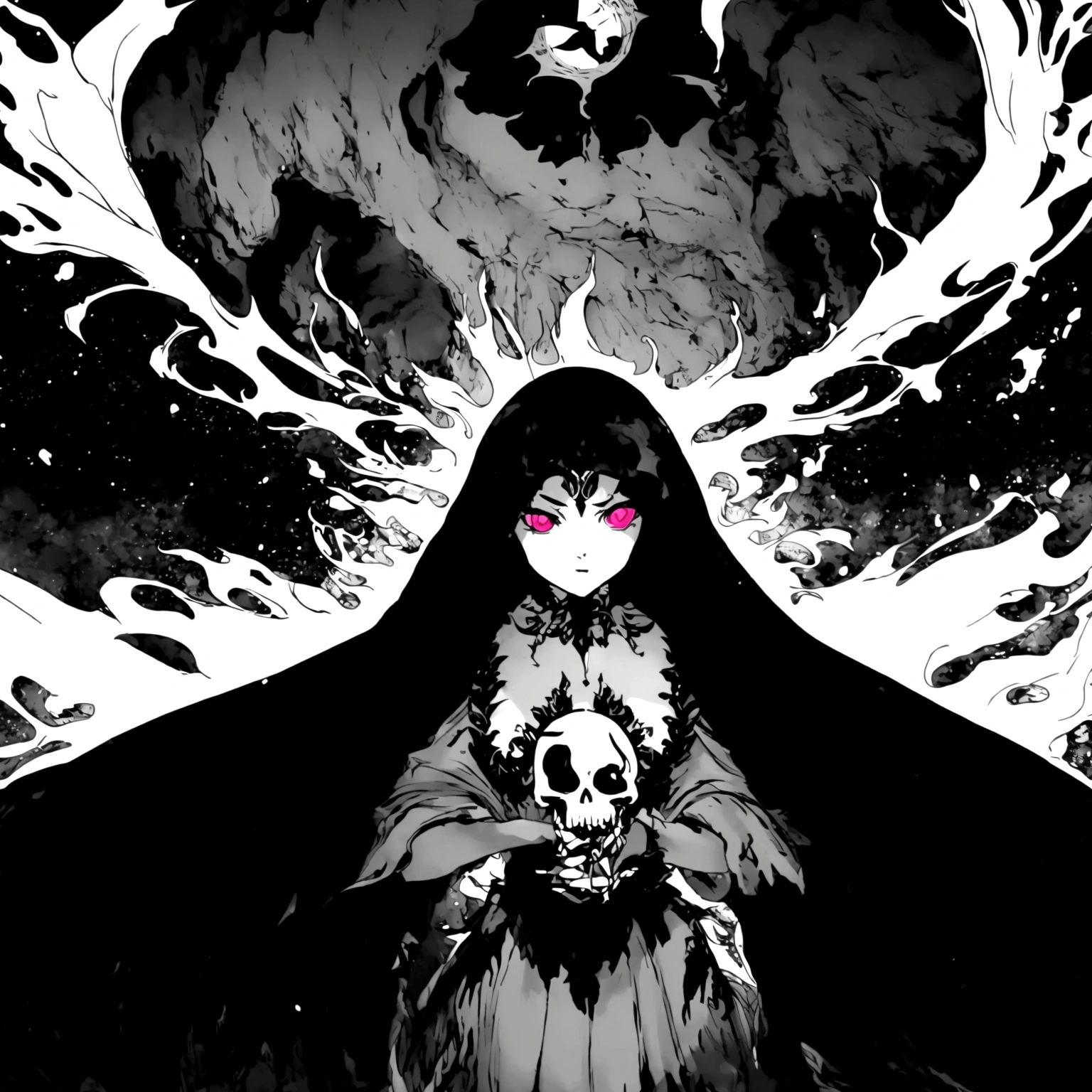 [lorana]A mature woman dark sorceress casting a powerful destructive spell from the mountaintop,pink energy ball with skull floating in hand, malevolent gaze, eyes brimming with arcane power, highly detailed, cinematic lighting, dramatic composition, rich color palette, gothic fantasy, dramatic atmosphere, epic scale,nightmare, dynamic lighting, high contrast, ethereal feeling, vivid colors, bright red eyes, Ominous moonlight, dense fog, creepy atmosphere, destruction magic, dark energy,Lots of chaos and dynamic scene