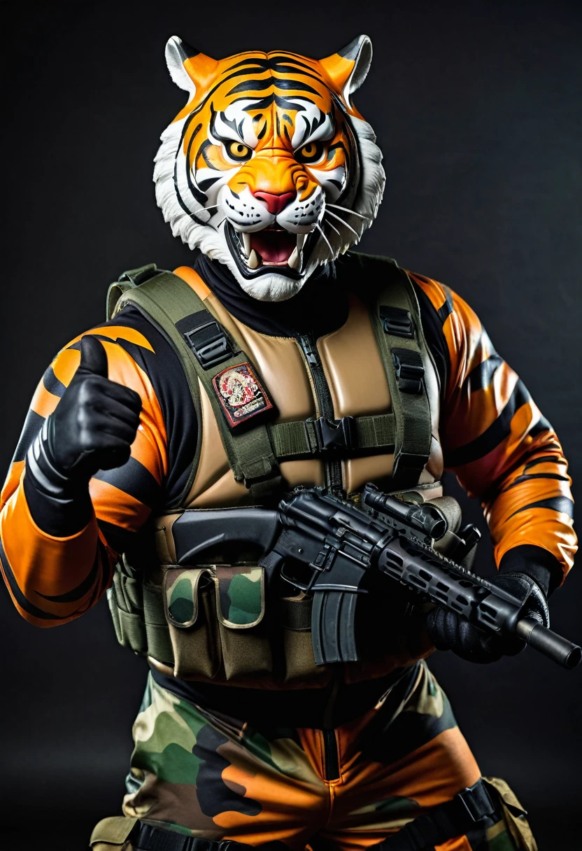 (a dark-skinned fat muscular old man in a bulky camouflage zipper diver suit) raising fist, (wearing realistic roaring siberian tiger mask) and gun inside a holster, thumbs up, muscular, Basuki Abdullah, sumatraism, action, a character portrait, heroic, fierce, snarling