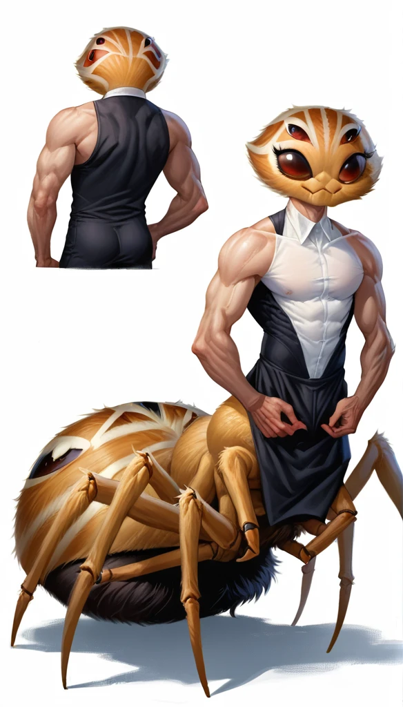 score_9_up, (clear simple background, white background, papyrus background), different views, 1boy, ((adult)),
(spider boy, _mature, anthro, (Arachne), [spider body, human body:0.5], taur), solo, (male), (full-bodied, athletic body, cute face, focus), beautiful, (dressed)