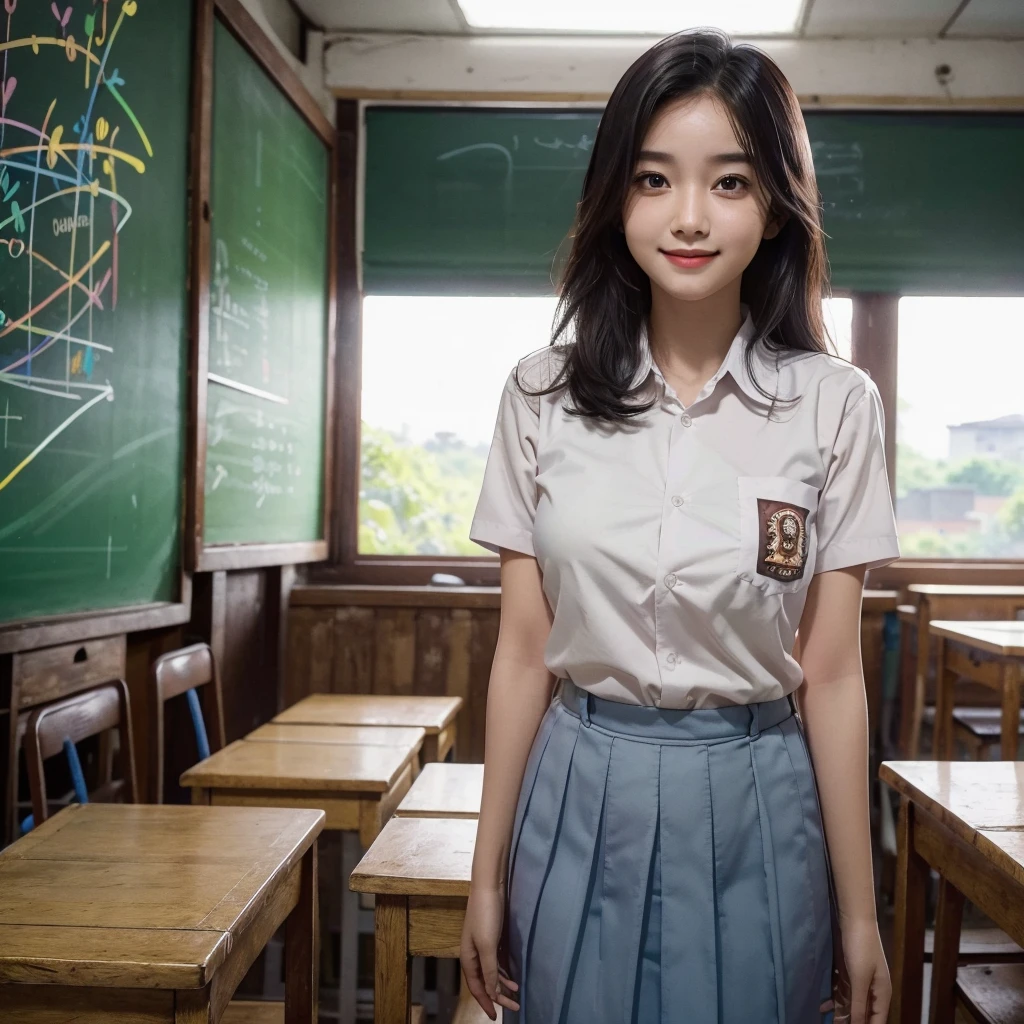 a beautiful girl, standing in classroom, 1girl, (Indonesian high school uniform), gigantic breasts, extremely detailed facial features, beautiful eyes, long eyelashes, cute smile, school desk, chalkboard, sunlight through windows, warm lighting, intricate details, (best quality,4k,8k,highres,masterpiece:1.2),ultra-detailed,(realistic,photorealistic,photo-realistic:1.37),digital art, concept art, cinematic lighting, vibrant colors