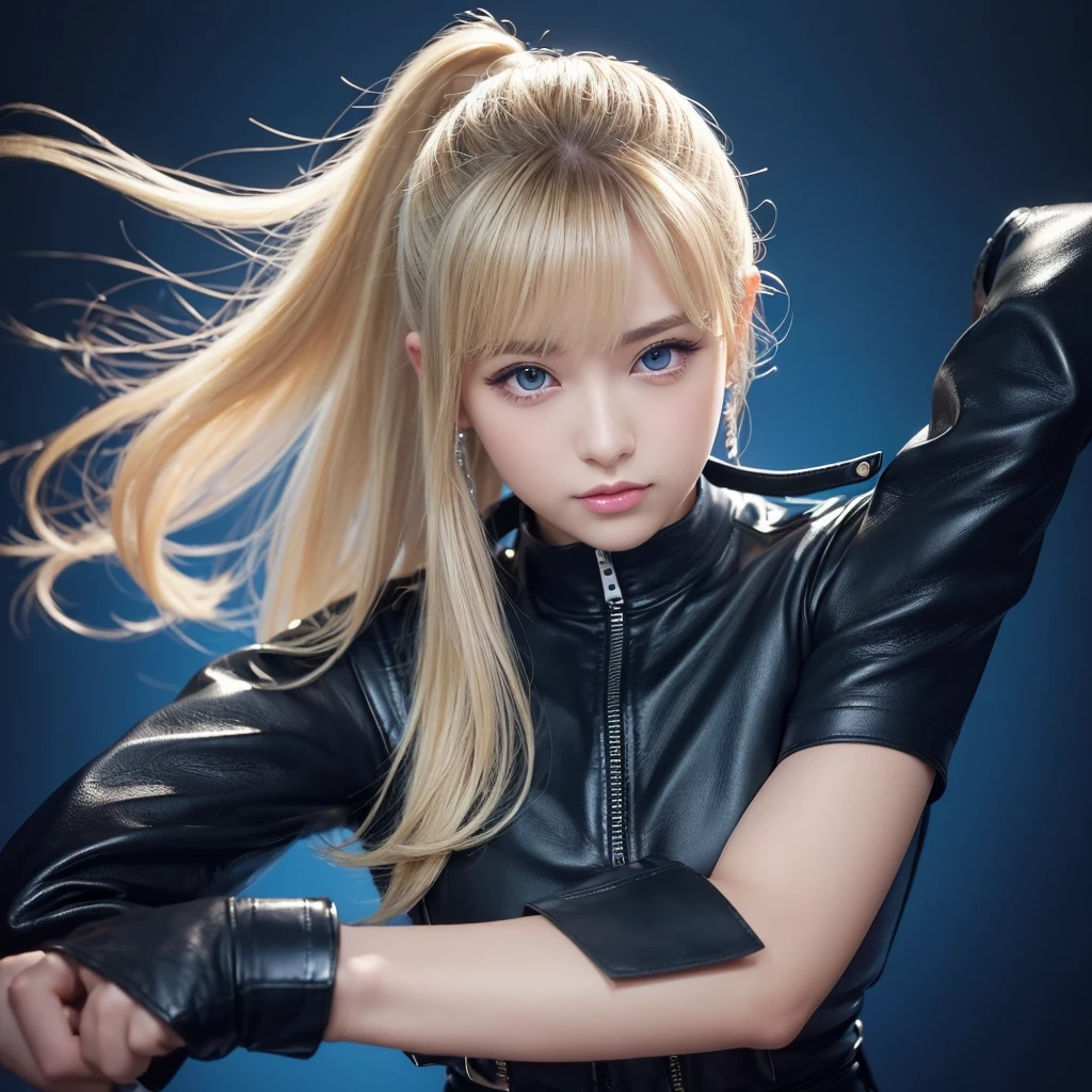 holding a pistol ,1 person、No sleeve、Ahegao、ponytail、blonde、amount、Blue Leather Shirt、Sara、No sleeve、best quality, super fine illustration,(((beautiful fine hair))),(((beautiful fine face))),(((beautiful fine background))),blue-black leather pants, silver zipper,belt below the waist,super fine illustration,(((beautiful fine hair))),(((beautiful fine face))),(((beautiful fine background))),normal small size,bangs bangs ,(((beautiful fine hair))),(((beautiful fine face))),(((beautiful fine background))),blond hair , showing forehead, silver center zipper, leather blue black bodysuit, sleevelesblue blacks, shiny, blonde ponytail