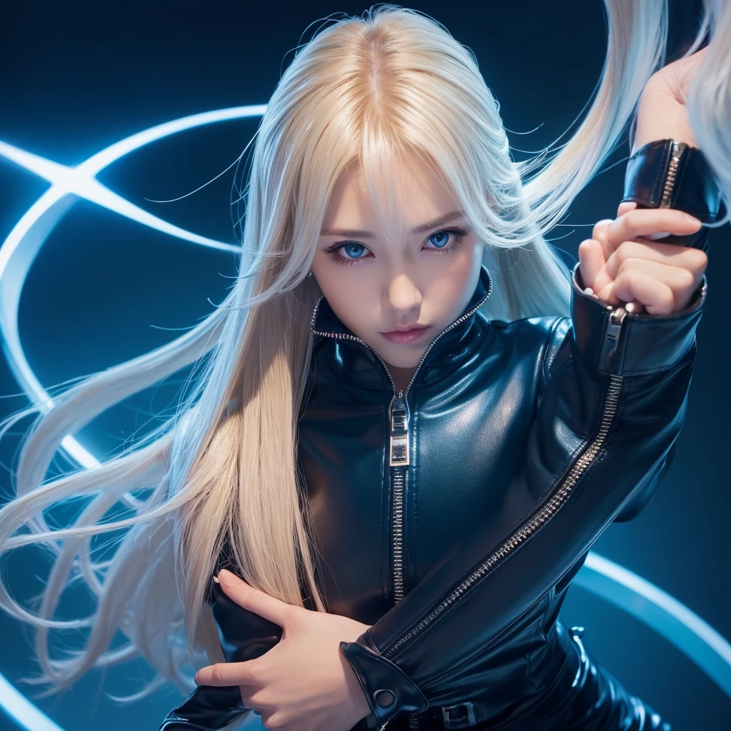 holding a pistol ,1 person、No sleeve、Ahegao、ponytail、blonde、amount、Blue Leather Shirt、Sara、No sleeve、best quality, super fine illustration,(((beautiful fine hair))),(((beautiful fine face))),(((beautiful fine background))),blue-black leather pants, silver zipper,belt below the waist,super fine illustration,(((beautiful fine hair))),(((beautiful fine face))),(((beautiful fine background))),normal small size,bangs bangs ,(((beautiful fine hair))),(((beautiful fine face))),(((beautiful fine background))),blond hair , showing forehead, silver center zipper, leather blue black bodysuit, sleevelesblue blacks, shiny, blonde ponytail