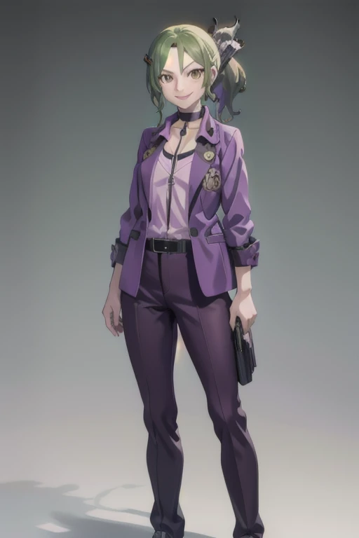 masterpiece, best quality, 1girl, solo, smile, Shoiji, purple jacket, purple shirt, folded ponytail, choker, green hair, brown eyes, hairclip, pants, standing, full body, black background