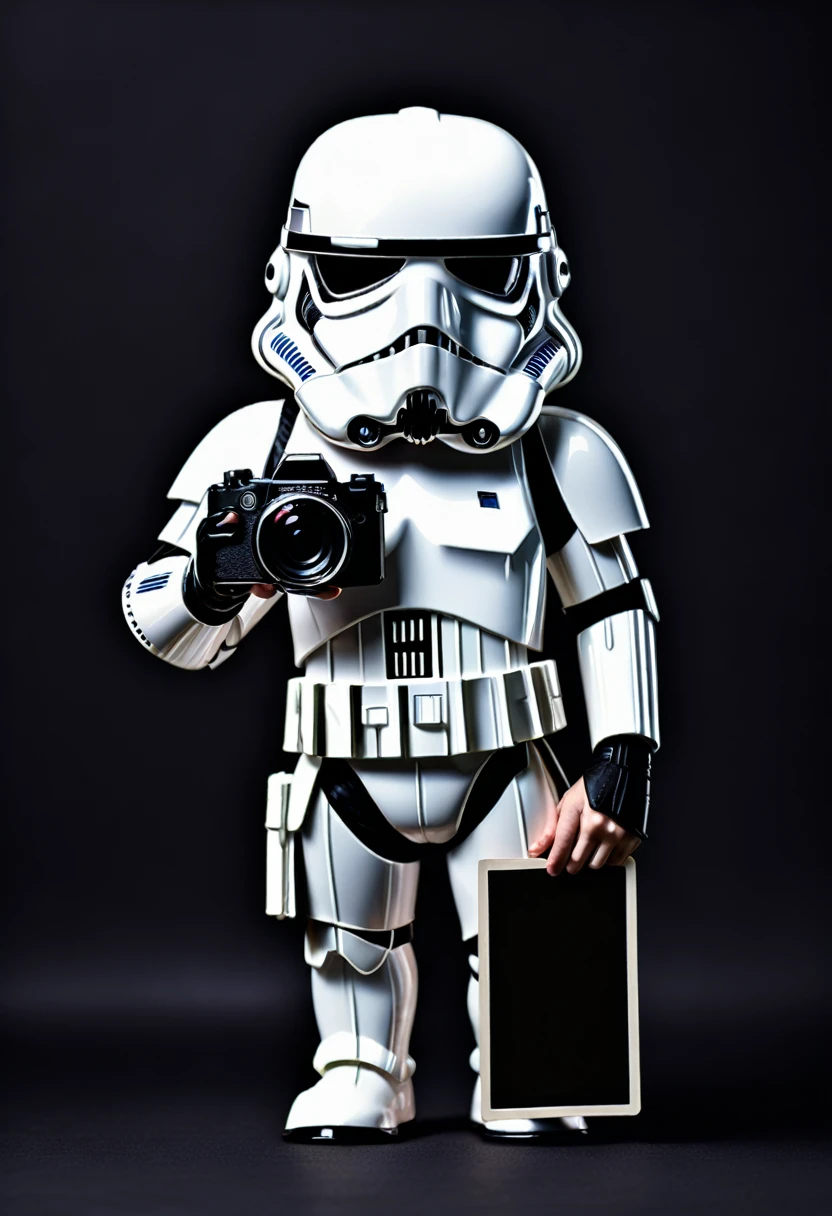 2D image, stormtrooper holding a photo camera, frontal view, full posture, solid black background