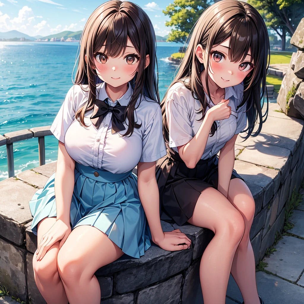 master piece, extremely detailed, high resolution, Haruba Negi style, girl, brown hair, white short sleeve shirt, light blue bow tie, big-bust, slim waist, diamond eyes, checkered mini skirt, crouched posture, smiling happily with closed mouth, glossy plump lips, pink lips, glossy hair, looking at camera, blushing and embarrassed, park with stone steps overlooking the sea in the background, port town visible, long bangs, brown eyes