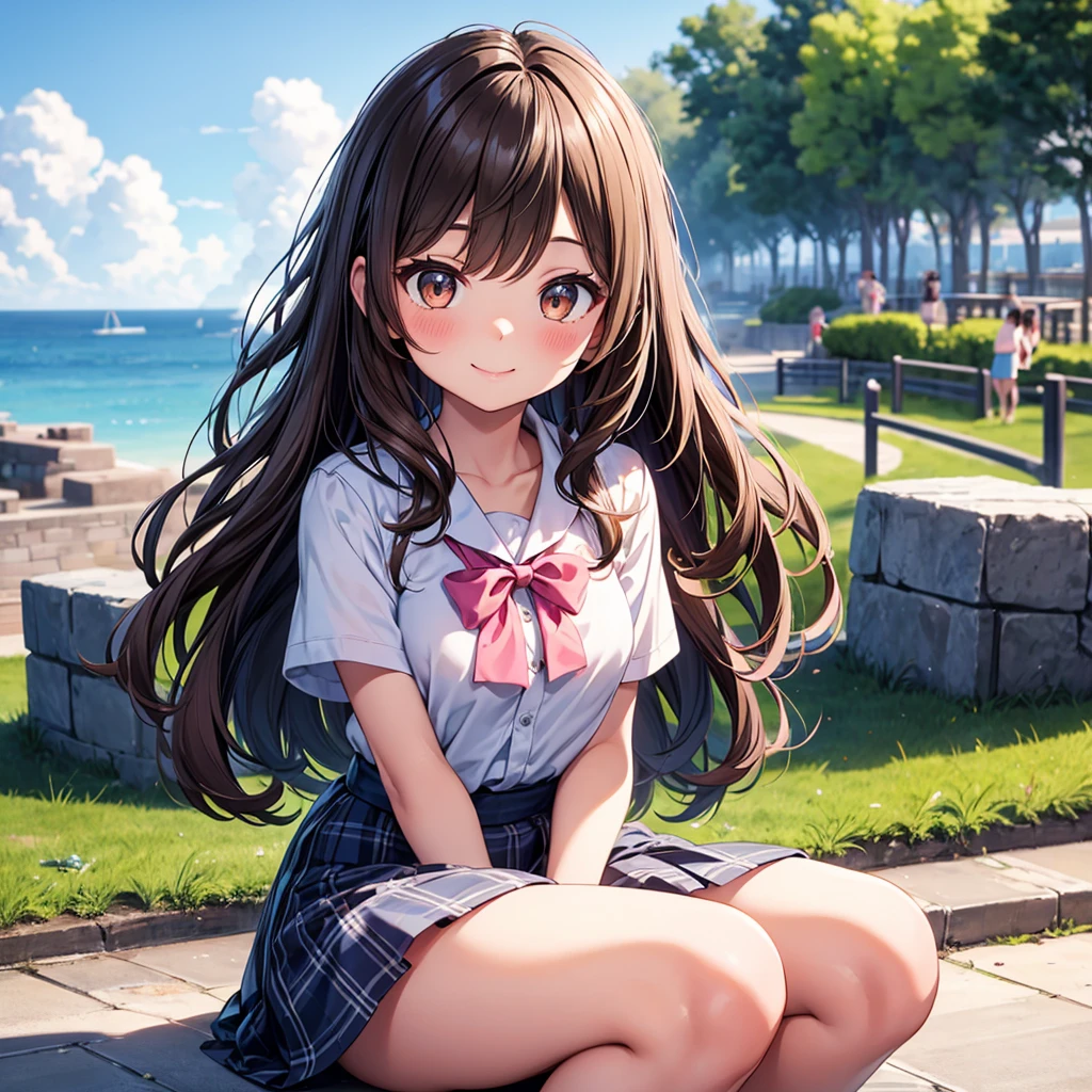 master piece, extremely detailed, high resolution, Haruba Negi style, girl, brown hair, white short sleeve shirt, light blue bow tie, big-bust, slim waist, diamond eyes, checkered mini skirt, crouched posture, smiling happily with closed mouth, glossy plump lips, pink lips, glossy hair, looking at camera, blushing and embarrassed, park with stone steps overlooking the sea in the background, port town visible, long bangs, brown eyes