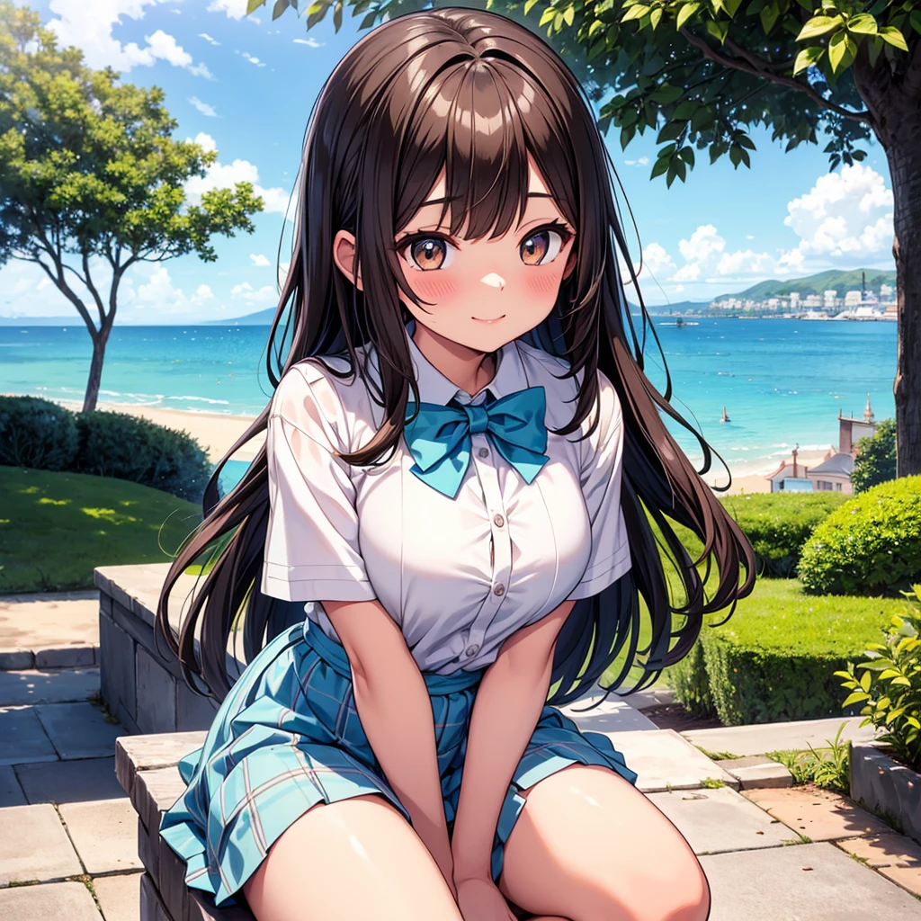 master piece, extremely detailed, high resolution, Haruba Negi style, girl, brown hair, white short sleeve shirt, light blue bow tie, big-bust, slim waist, diamond eyes, checkered mini skirt, crouched posture, smiling happily with closed mouth, glossy plump lips, pink lips, glossy hair, looking at camera, blushing and embarrassed, park with stone steps overlooking the sea in the background, port town visible, long bangs, brown eyes