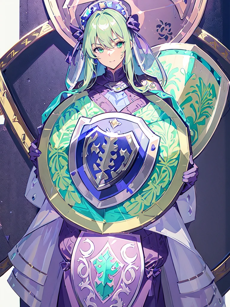  sketch (Character design sheet, same characters, whole body, Three-View, front, ~ ~ ~ side, return) and ((Large Shield Design:1.６))、An illustration、metallic material、Detailed engraving、Decorative pattern、silver accentystical symbols) and watercolor画, （Gradient braided hair, (Ink blotches:1.1), (pale:1.2),(Light purple:1.2),(Light green:1.2)　and wearing a maid outfit 　Mature face,tall, Wearing black tights,Green Eyes, The skin is hidden　and 1 female, Nervous,Cowboy Shot,,(Very bright:1.1), White Background, [1 Girl:7], (Tilt your head:1.2), ([sketch|watercolor \(Moderate\)]:1.15),Chaotic Abstract Background, Vector Trace, Gradient Blending, Bright colors, that&#39;wonderful, Very detailed, Complex, (Very low contrast:1.4）