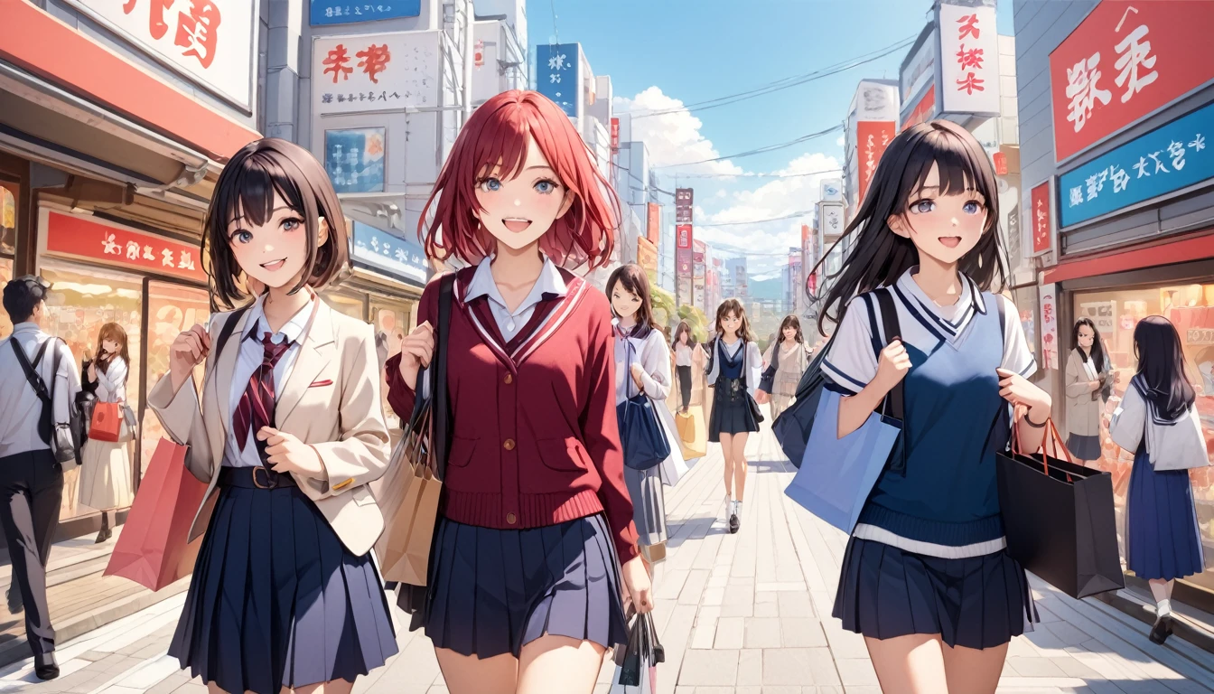 (Highest quality), Happy High School Girl,Japan,City,shopping with friends