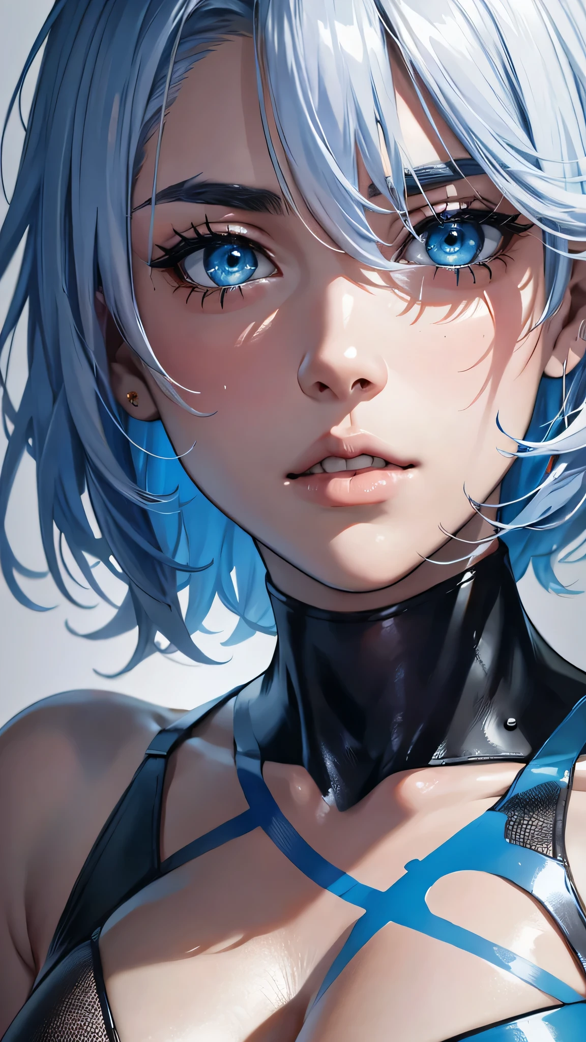 最high quality、Best image quality、masterpiece、With a girl((cute、20-year-old、Best Bust、Medium Bust、Bust 85,Beautiful Blue Eyes、Spread your chest wide,Short silver hair、Slender、The best valley、、Blue Bikini、,Show the whole body、Black perforated gloves,Blue Mesh,Tired face、Leaning forward greatly、Blue Sports Sunglasses、Blue Intercom,Sweating profusely、))high quality、Beautiful art、background((White wall、graffiti、paint、Spray can)),Tabletop、Exquisite design、Visual Arts、Depth of written boundary、Best lighting、Highest detail、8k