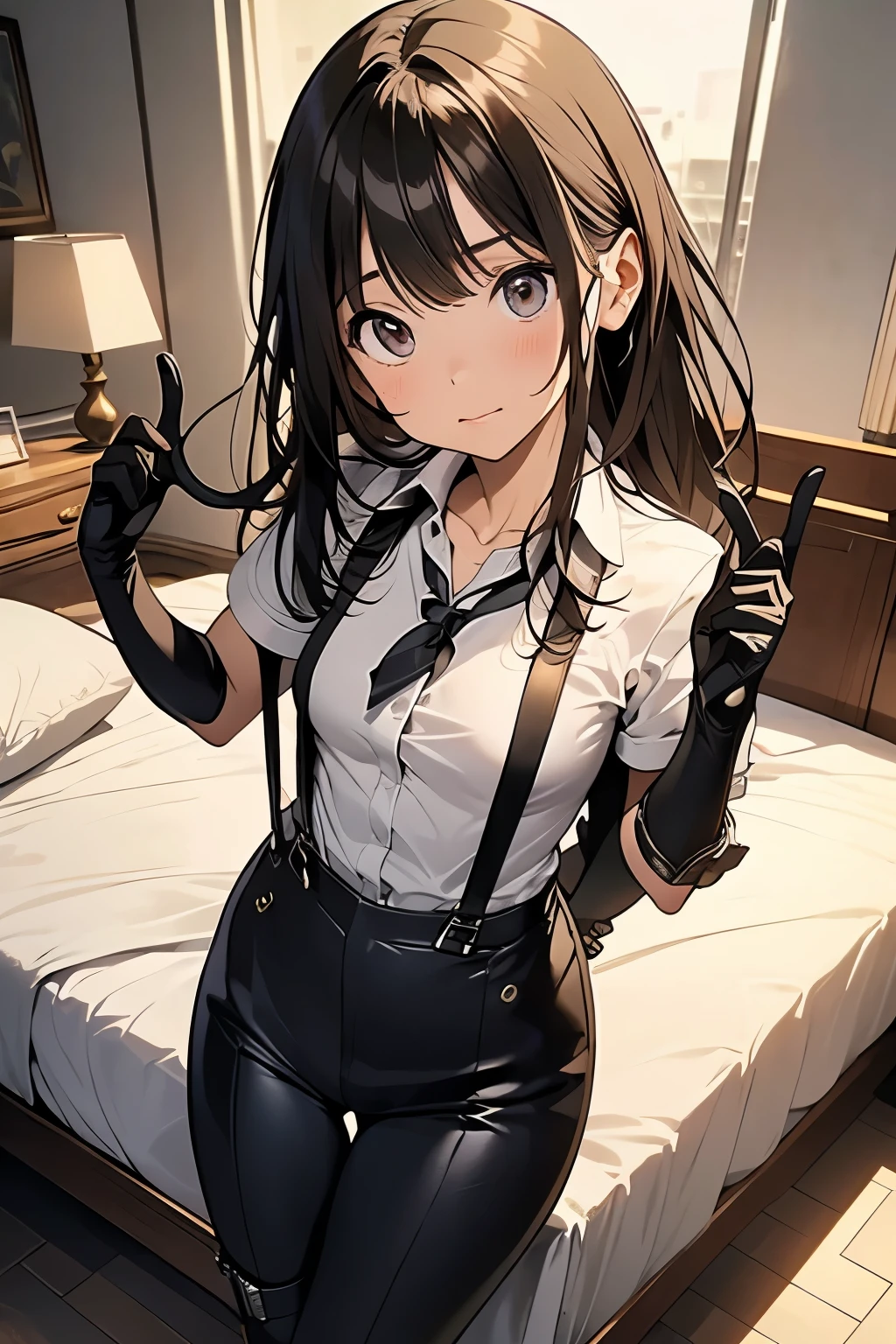 1 female, , high quality, masterpiece, Ultra-high resolution, , Cinema Lighting, , , And the suspenders with the cranes flying Moderate breasts Small face holster Lying in bed Looking up Sweat belt summer 脇Sweat Black Hole Gloves suit shirt Black jacket Black trousers Leg Links ズボンにbelt holster Hands behind your back Anxious expression Looking up Anxious face, legs apart