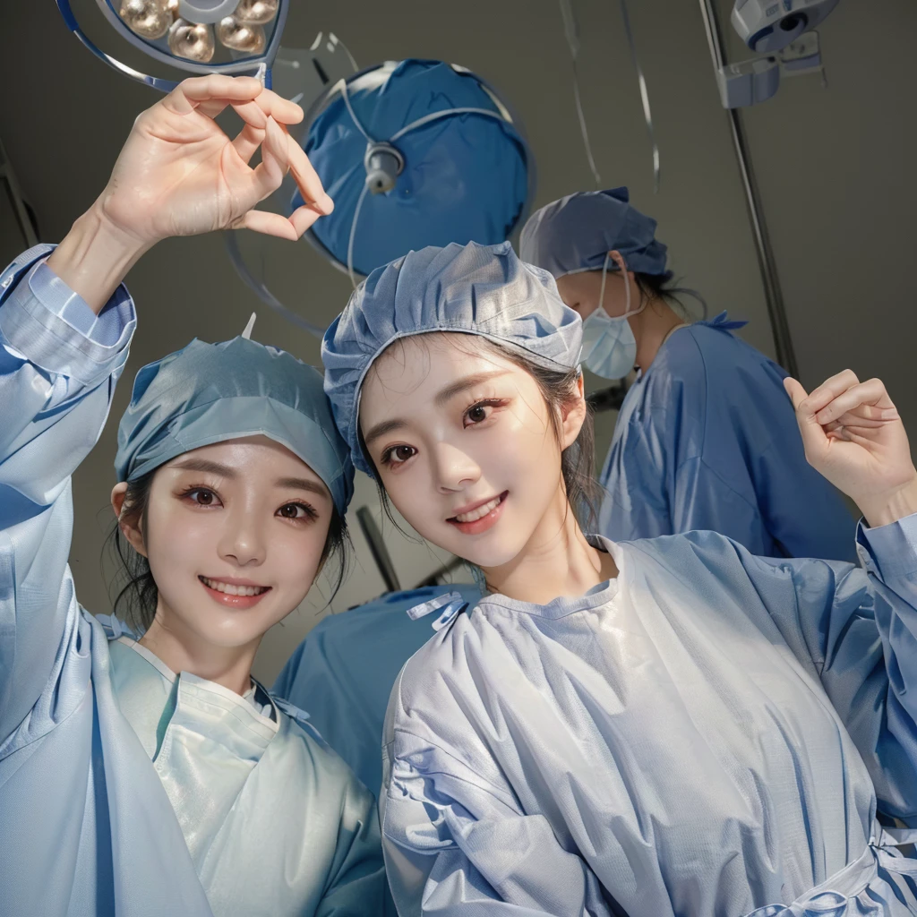 (cowboy shot:1.2), smiling elegant slim asian woman, Japanese, wearing surgical_mask_open, completely_undone, (((surgical outfit))), black hair, (heart hands), (modern surgery room), photo, 2girls, ultra high res, realistic photorealistic, ultra-detailed, finely detailed, high resolution, perfect dynamic composition, (perfect eyes), (detailed eyes), solid circle eyes, sparkling eyes, (clean eyes), anatomically correct, super detail, textured skin, extremely detailed face and eyes, detailed facial features, ((perfect face)), wide hips