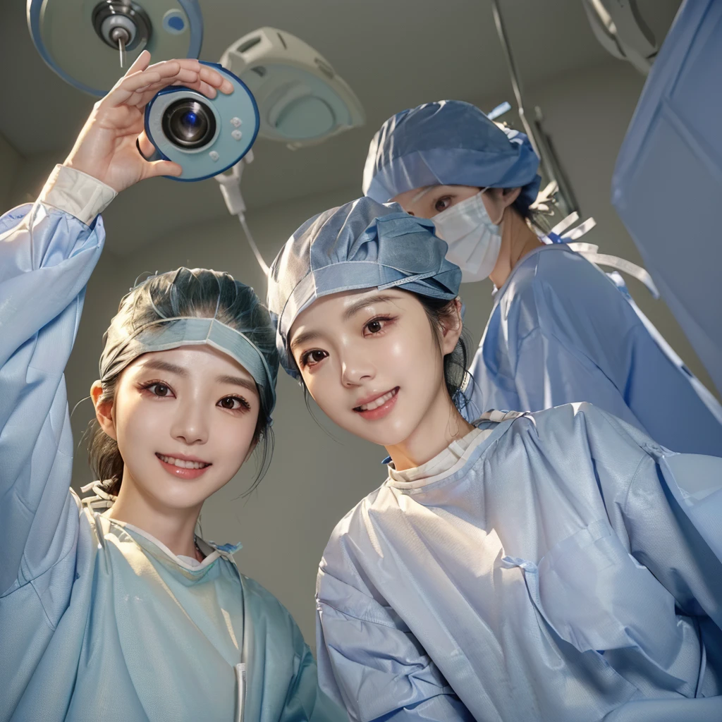 (cowboy shot:1.2), smiling elegant slim asian woman, Japanese, wearing surgical_mask_open, completely_undone, (((surgical outfit))), black hair, (heart hands), (modern surgery room), photo, 2girls, ultra high res, realistic photorealistic, ultra-detailed, finely detailed, high resolution, perfect dynamic composition, (perfect eyes), (detailed eyes), solid circle eyes, sparkling eyes, (clean eyes), anatomically correct, super detail, textured skin, extremely detailed face and eyes, detailed facial features, ((perfect face)), wide hips