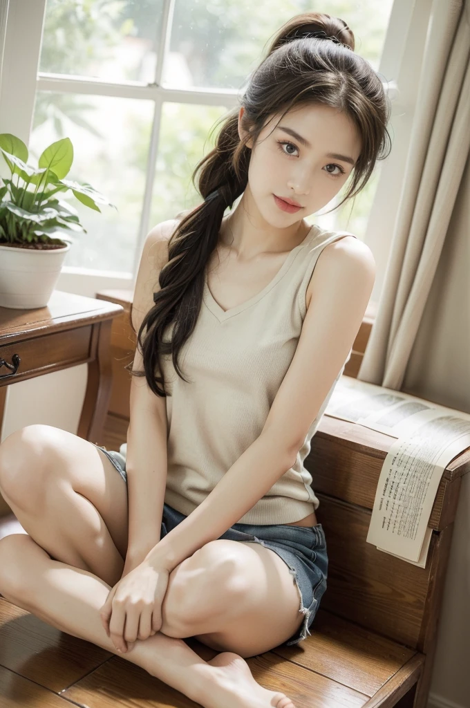 (((best quality))),(((ultra detailed))),(((masterpiece))),illustration,((1 beautiful girl, college student,solo)),((slim,thin,small breasts,flat chest)),(short ponytail:1.2),(sleeveless shirt:1.2), studying, books, dormitory, summer afternoon, sky, gloomy shadow, bed, wooden desk, bookshelf, soft warm light, lamp, gentle glow, almond-shaped eyes, textbooks, daydreaming, beach, cities, vacation, smile, pen, highlighting, notebook, dates, stretching legs, cushion, portable fan, soothing breeze, summer heat, herbal tea, thirst, potted plants, greenery, vibrant leaves, cozy atmosphere, determined expression, excel exams, summer break, intelligence, determination, achieve goals,((from front,full body))