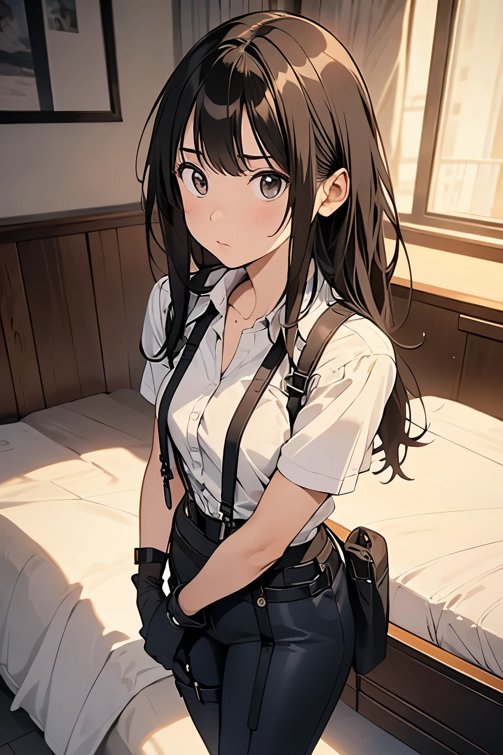 1 female, , high quality, masterpiece, Ultra-high resolution, , Cinema Lighting, , , And the suspenders with the cranes flying Moderate breasts Small face holster Lying in bed Looking up Sweat belt summer 脇Sweat Black Hole Gloves suit shirt Black jacket Black trousers Leg Links ズボンにbelt holster Hands behind your back Anxious expression Looking up Anxious face, legs apart