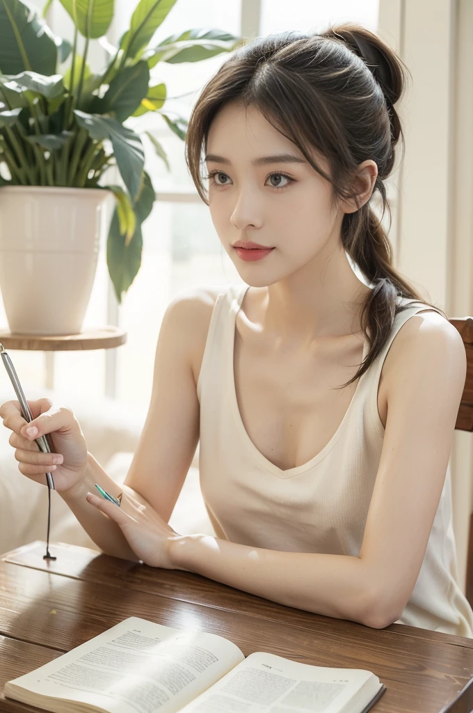 (((best quality))),(((ultra detailed))),(((masterpiece))),illustration,((1 beautiful girl, college student,solo)),((slim,thin,small breasts,flat chest)),(short ponytail:1.2),(sleeveless shirt:1.2), studying, books, dormitory, summer afternoon, sky, gloomy shadow, bed, wooden desk, bookshelf, soft warm light, lamp, gentle glow, almond-shaped eyes, textbooks, daydreaming, beach, cities, vacation, smile, pen, highlighting, notebook, dates, stretching legs, cushion, portable fan, soothing breeze, summer heat, herbal tea, thirst, potted plants, greenery, vibrant leaves, cozy atmosphere, determined expression, excel exams, summer break, intelligence, determination, achieve goals,((from front,upper body))