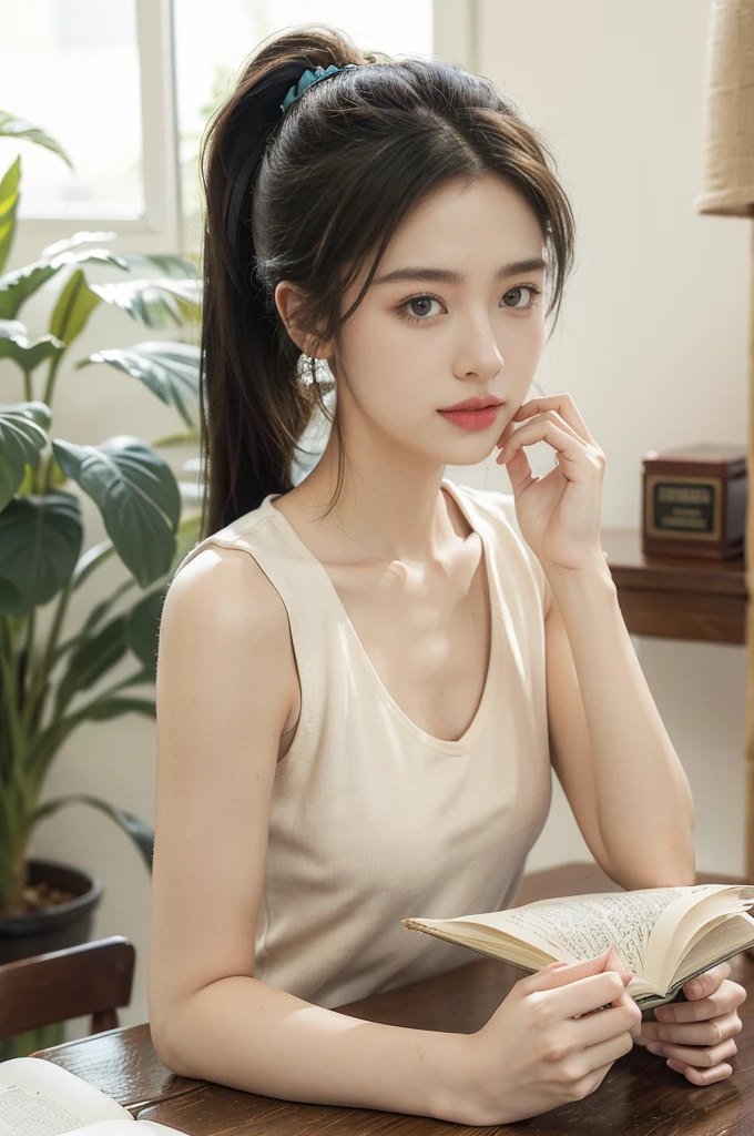 (((best quality))),(((ultra detailed))),(((masterpiece))),illustration,((1 beautiful girl, college student,solo)),((slim,thin,small breasts,flat chest)),(short ponytail:1.2),(sleeveless shirt:1.2), studying, books, dormitory, summer afternoon, sky, gloomy shadow, bed, wooden desk, bookshelf, soft warm light, lamp, gentle glow, almond-shaped eyes, textbooks, daydreaming, beach, cities, vacation, smile, pen, highlighting, notebook, dates, stretching legs, cushion, portable fan, soothing breeze, summer heat, herbal tea, thirst, potted plants, greenery, vibrant leaves, cozy atmosphere, determined expression, excel exams, summer break, intelligence, determination, achieve goals,((from front,upper body))