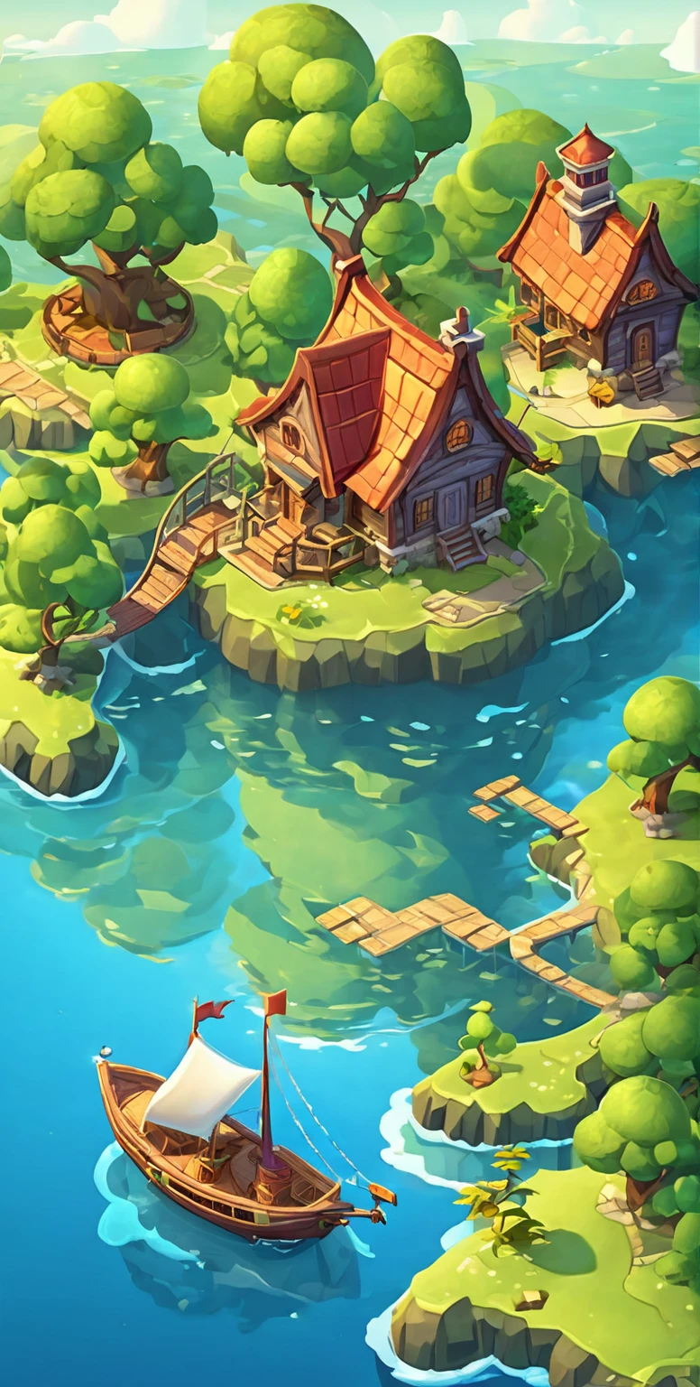 Cartoon illustration：There is a house and a boat on an island, isometric island in the sky, Island Background, Mobile Game Art, flying islands, floating and flying islands, flying islands in the sky, game illustration, Stylized game art, Mobile game background, Sky Island, Stylized game icons, 3d icons for mobile games, Fantasy world concept