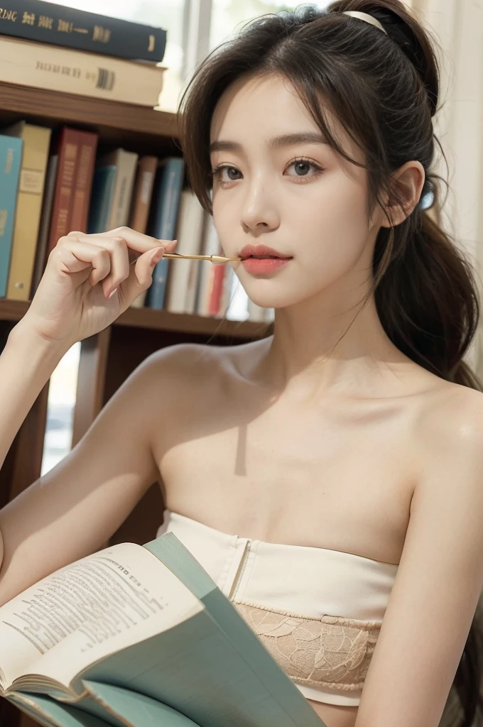 (((best quality))),(((Extremely detailed))),(((masterpiece))),illustration,((1 beautiful girl, university student,Solitary)),((Slim,Thin,Small Breasts,flat chest)),(Short Ponytail:1.2),(Strapless:1.2), study, books, dormitory, Summer Afternoon, Sky, Gloomy shadows, floor, Wooden table, bookshelf, Soft warm light, lamp, Soft light, Almond eyes, textbooks, daydream, beach, City, holiday, Smile, Pen, highlight, Pen记本, date,Soft cushion, Portable fan, sooThing breeze, Summer heat, herbal tea, thirst, Potted plants, Greenery, Vibrant Leaves, Comfortable atmosphere, Determine the expression, excel exam, summer vacation, intelligence, determination, Achieve your goals,((From the front,Close-up of face))