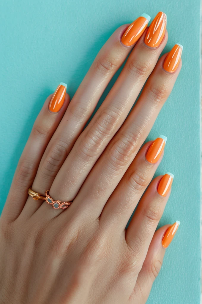 Two hands with medium length gel nails. The left hand should have orange colored nails, the right hand should have light turquoise colored nails . The little finger and thumb should glitter on both hands, the ring finger and index finger should be matt colored on both hands
