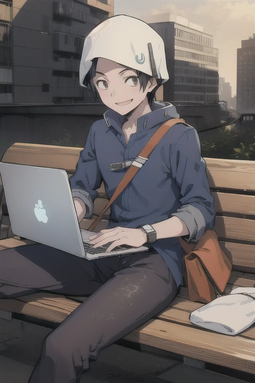 Atsurodesu, hat, pants, solo, 1boy, blue shirt, bag, wristwatch
masterpiece, best quality, absurdres, city, post apocalyptic city, sitting on bench, holding laptop, smile