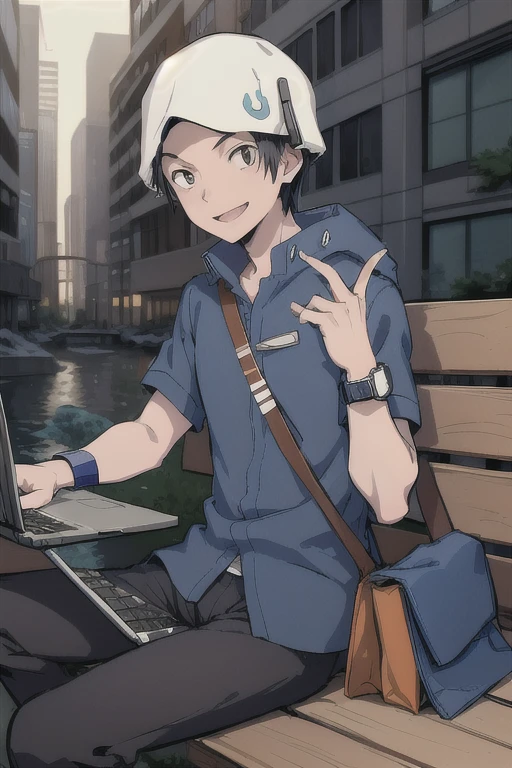 Atsurodesu, hat, pants, solo, 1boy, blue shirt, bag, wristwatch
masterpiece, best quality, absurdres, city, post apocalyptic city, sitting on bench, holding laptop, smile