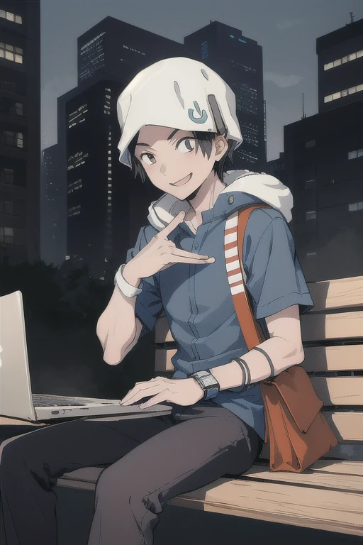 Atsurodesu, hat, pants, solo, 1boy, blue shirt, bag, wristwatch
masterpiece, best quality, absurdres, city, post apocalyptic city, sitting on bench, holding laptop, smile