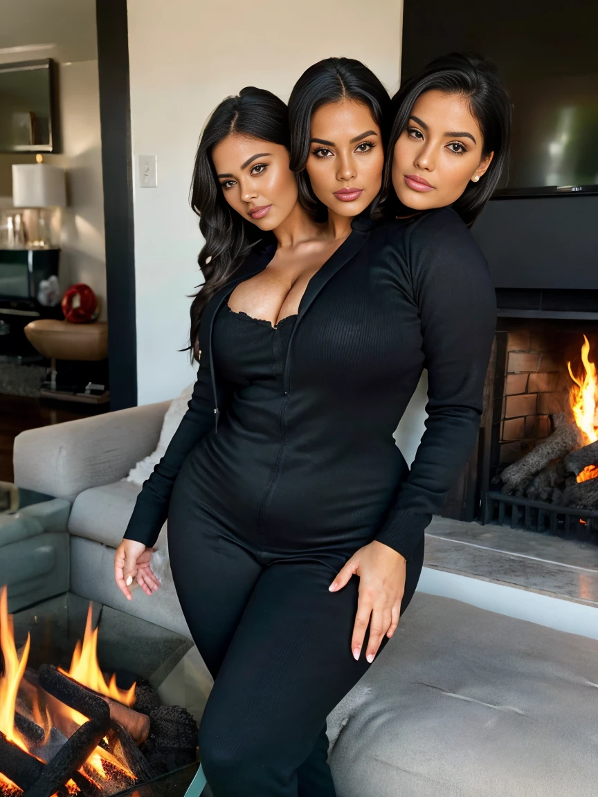 3heads, three headed mother, age 40, mexican, in a black jacket and sweater, long black sweatpants, posing in a living room next to a fire, cold outside, curvy hourglass figure, beautiful thick female, alluring plus sized model, thick body, tight dress, thick thighs, thick, skinny waist and thick hips, curvy figure, plus size woman, attractive feminine curves, attractive curves, curvy model, curvaceous, beautiful curvy female, detailed faces