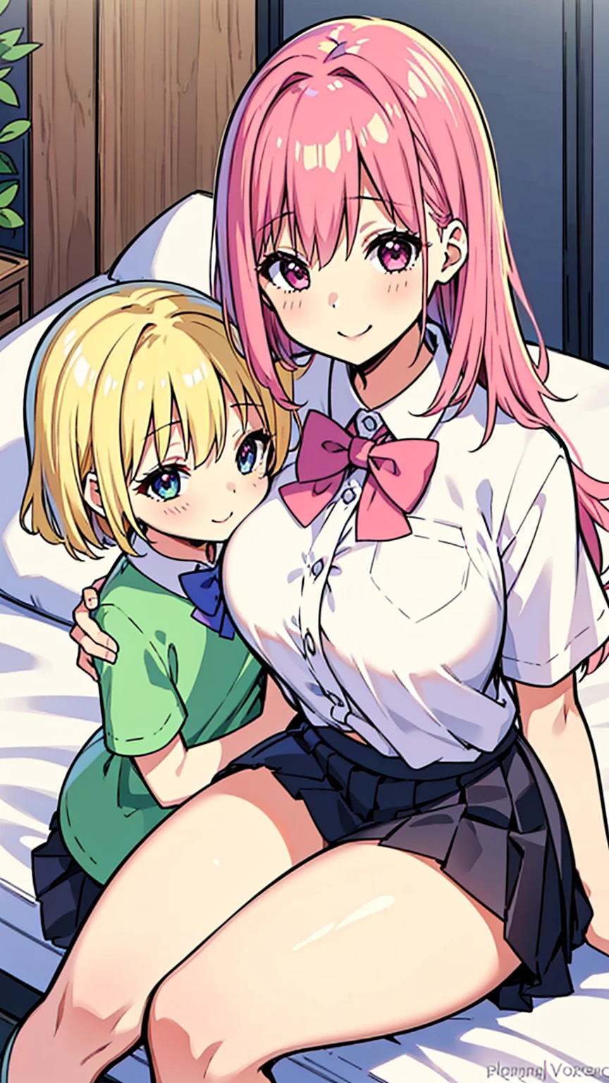 masterpiece, Highest quality, so beautiful, Absurd,High resolution,One girl, One boy,Cuddling in bed, like,sexy,Look at each one, blush,Age difference,bow tie,Blonde,chest,Long Hair,Pink Hair,pleated skirt,Tucked in shirt,short hair,skirt,smile,Tent shirt