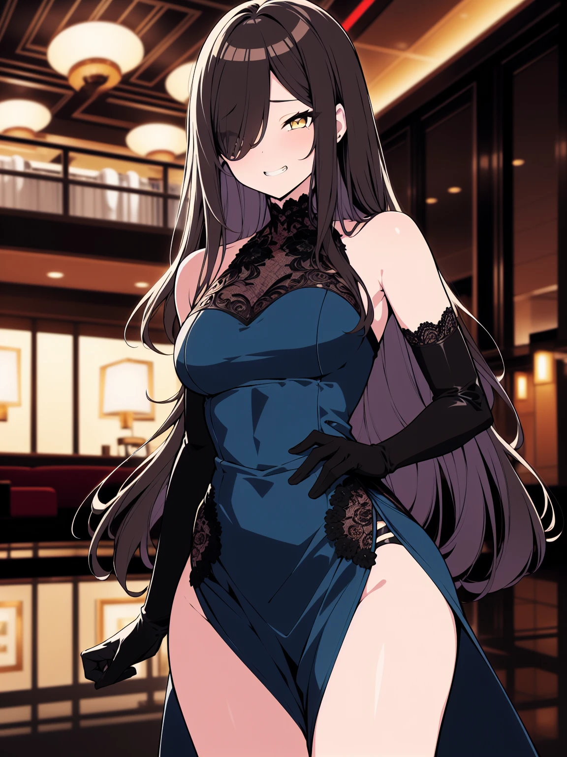 (cowboy shot), (ultra-high resolution, depth of field:1.2), 1woman, mature, brunette hair, long straight hair, yellow eyes, hair over one eye, medium breasts, (wide hips), night dress, (blue dress), elbow gloves, black lace gloves, indoors, bare shoulders, sleeveless dress, ((fancy hotel lobby)), grin