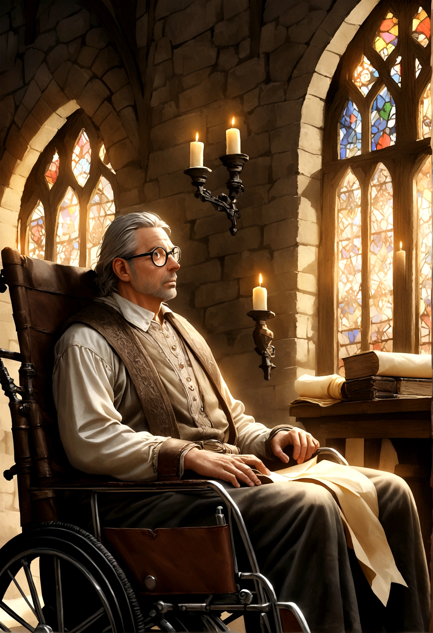 A middle-aged man in a wheelchair,professor's glasses,slightly gray hair,medieval research center,intricate architecture,stone walls,stained glass windows,antique books,parchment paper,candlelight,ornate details,warm lighting,historical atmosphere,photorealistic