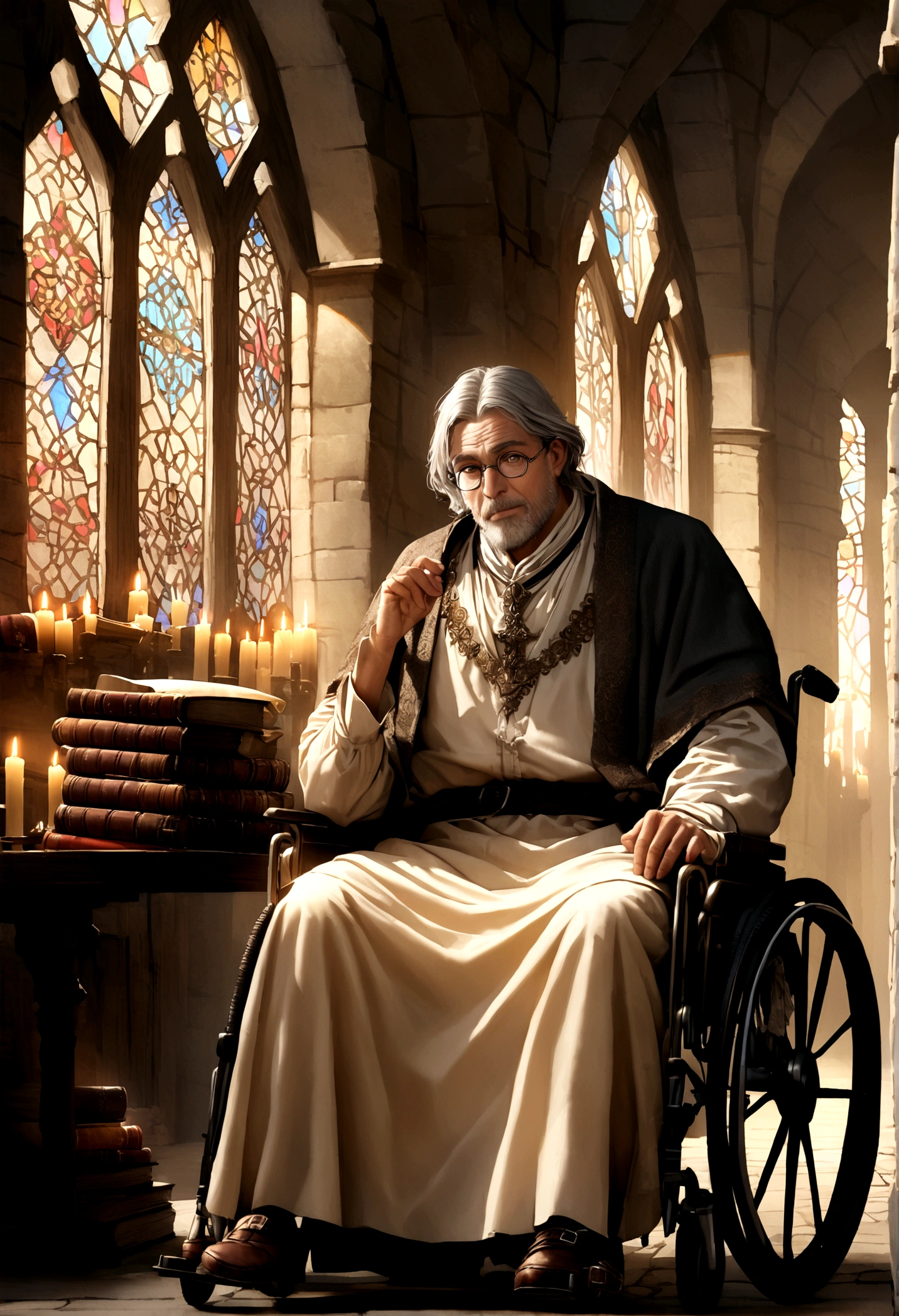 A middle-aged man in a wheelchair,professor's glasses,slightly gray hair,medieval research center,intricate architecture,stone walls,stained glass windows,antique books,parchment paper,candlelight,ornate details,warm lighting,historical atmosphere,photorealistic